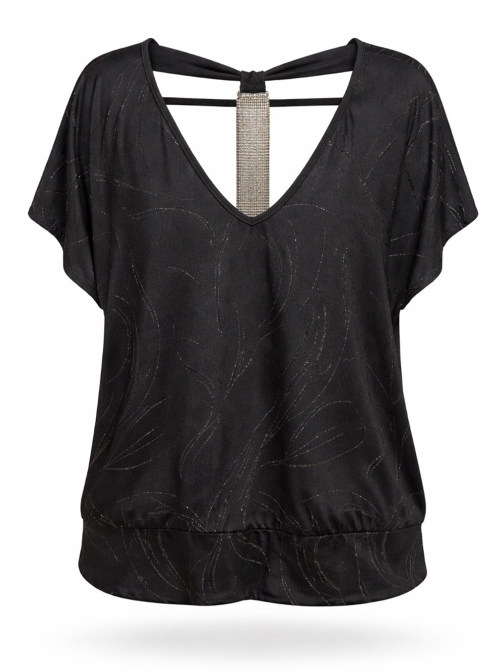 Reitmans Plus Black V-Neck Blouse 2X Rhinestone Back Detail Stretch Top